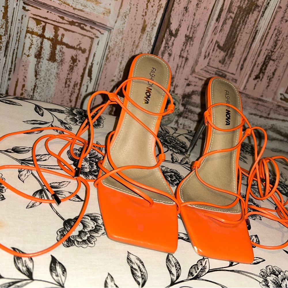 Fashion Nova Women’s Bold Orange Strappy Heels - Picture 2 of 6